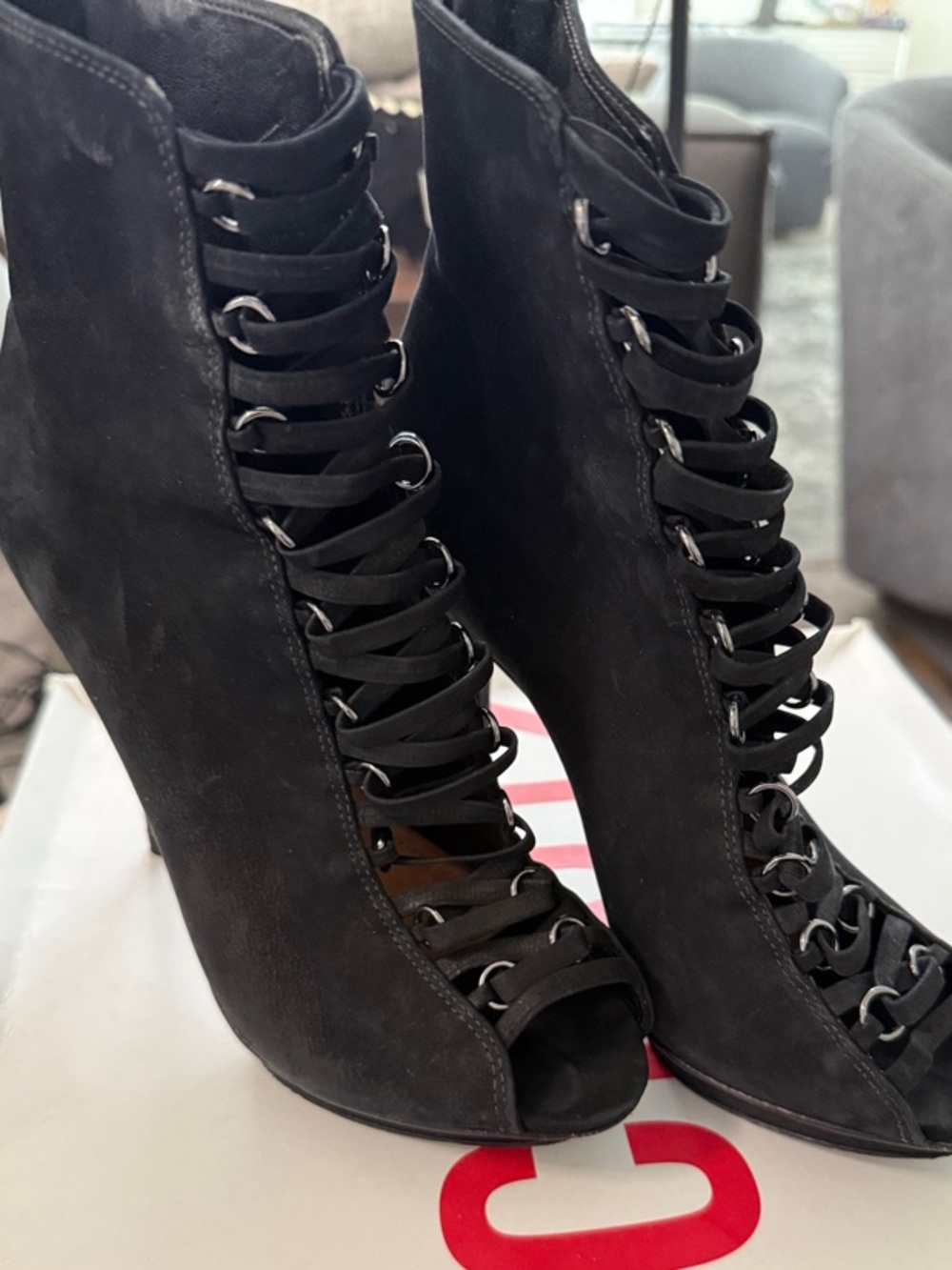 Schutz Black Faux Lace-Up Platform Peep-Toe Women's Ankle Bootie 8 Sueded